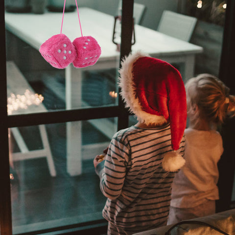 Image of 3.9" Dice Plushies Retro 2 pcs Square Mirror Fuzzy Plush Dice with Dots Car Interior Hanging Ornament Decoration(Pink)