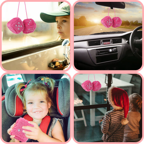 Image of 3.9" Dice Plushies Retro 2 pcs Square Mirror Fuzzy Plush Dice with Dots Car Interior Hanging Ornament Decoration(Pink)