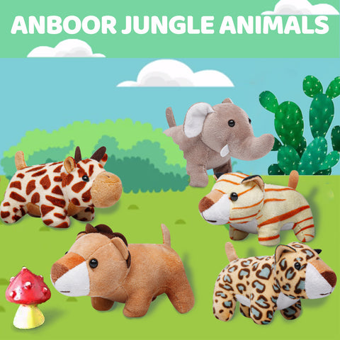 Image of Anboor 5pcs Small Stuffed Animals—Jungle Animal Plush Set 4.8 Inch Cute Safari Stuffed Animals with Keychain for Animal Themed Party Favors (Sitting)