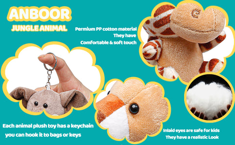 Image of Anboor 10pcs Small Stuffed Animals—Jungle Animal Plush Set 4.8 Inch Cute Safari Stuffed Animals with Keychain for Animal Themed Party Favors (Sitting,Lying)