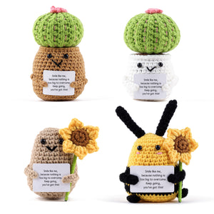 Anboor 4 PCS Funny Flower Potato Crochet Dolls Cactus Bee, Plush Vegetable with Positive Card,Cute Knitted Room Decor Toys Crochet Gift Birthday Party Classroom