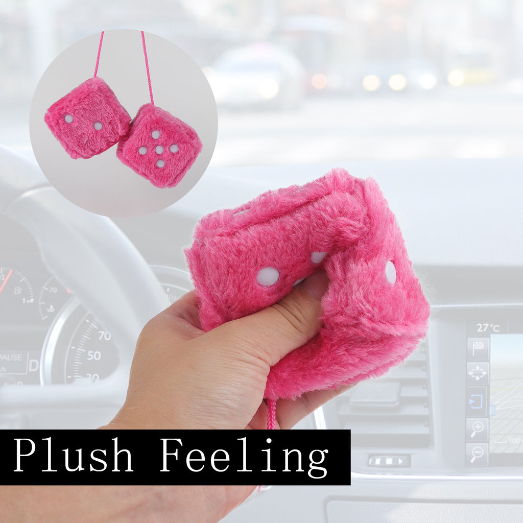 3.9" Dice Plushies Retro 2 pcs Square Mirror Fuzzy Plush Dice with Dots Car Interior Hanging Ornament Decoration(Pink)