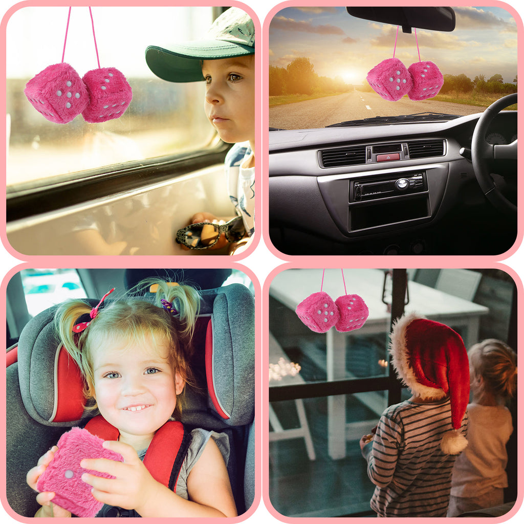 3.9" Dice Plushies Retro 2 pcs Square Mirror Fuzzy Plush Dice with Dots Car Interior Hanging Ornament Decoration(Pink)