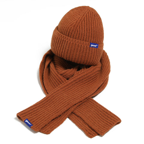 Image of Anboor 2 in 1 Knit Scarf Beanie Set Winter Melon Cap Warm Knitted Hat Scarf Set Stretchable Athletic Hats for Women and Men