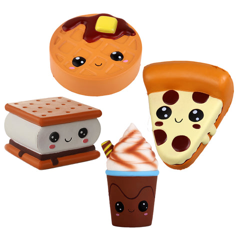 Image of Slow Rising Squishy 4 Pcs Emoji Smore Waffle Cake Pizza Coffee Cup - Anboor